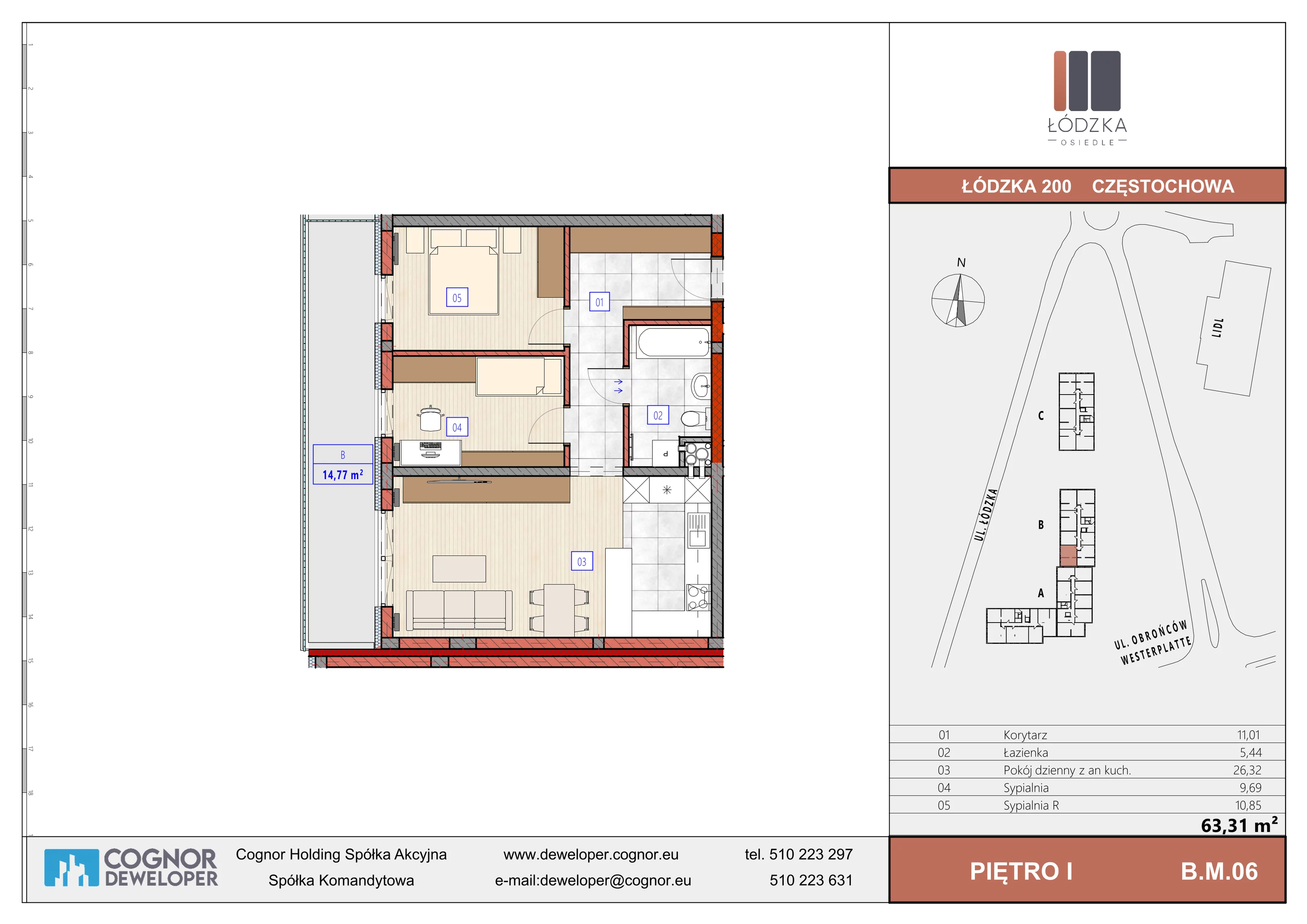 Mieszkanie 63,31 m², piętro 1, oferta nr B.M.06, Łódzka Osiedle, Częstochowa, Częstochówka-Parkitka, ul. Łódzka 198, 200, 202